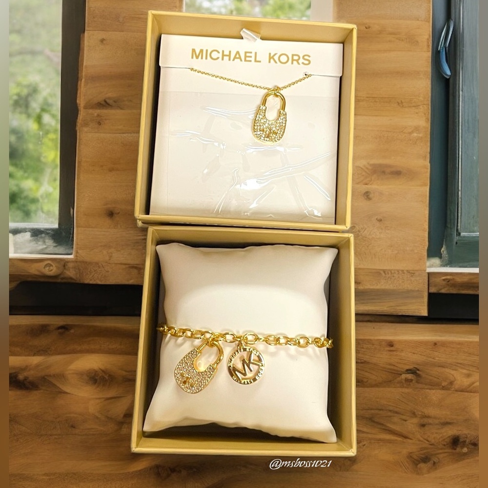Michael Kors Gold Locket MK Necklace + Bracelet NIB